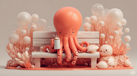 Adorable octopus character sits on a coral bench, sipping hot chocolate with a happy expression amid colorful sea life.の素材