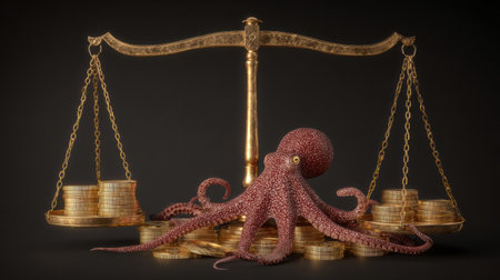 A realistic octopus grips a golden scale balancing coins in a dark, corporate setting, symbolizing economic principles and financial weight.の素材