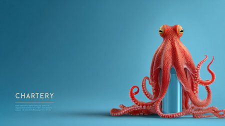A vibrant octopus grasps an energy battery symbol while showcasing a sustainability banner in a clean eco-friendly gradient setting.の素材