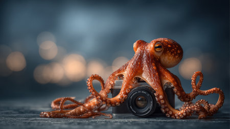 An octopus creatively interacts with a camera lens, showing its unique shape against a dramatic backdrop that emphasizes negative space.の素材