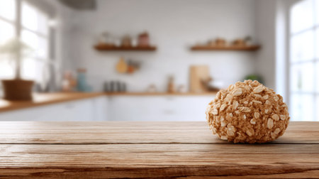 An oatmeal cookie rests on a wooden table with a blurred kitchen background, highlighting a healthy lifestyle and delicious flavors.の素材