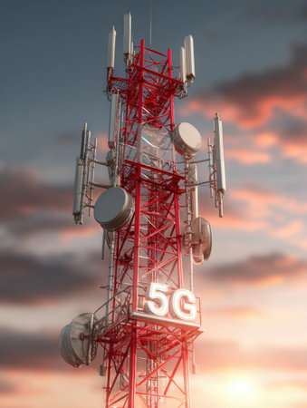 A tall 5G communication tower stands against a sunset sky, transmitting wireless broadband signals for mobile connectivity.の素材