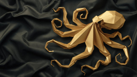 An exquisite origami octopus made from shining golden paper rests on a rich black fabric, perfect for showcasing creativity and luxury.の素材