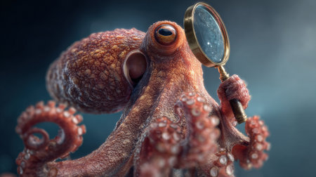 An octopus holds a magnifying glass, exploring its surroundings in a mysterious dark atmosphere, engaging in a curious investigation.の素材