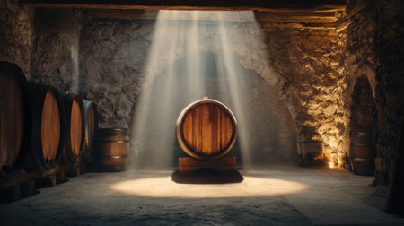 A beautifully illuminated wine barrel captivates in a luxurious cellar, casting soft light that enhances the sophisticated ambiance.の素材