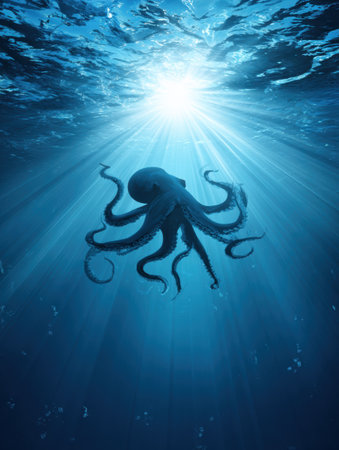 An octopus silhouette glides through a calm blue ocean, illuminated by radiant sun rays from above, creating a serene underwater scene.の素材