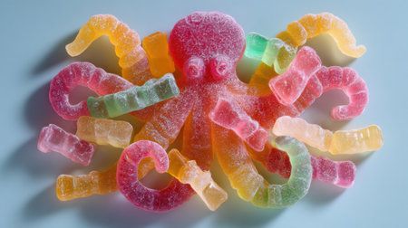 A vibrant gummy octopus design features various colorful candy pieces set against a pastel backdrop, perfect for fun snacks.の素材