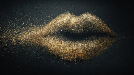 Elegant lips release pearl dust and blow a kiss, set against a luxurious black and gold background with blank branding space.の素材