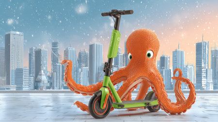 An octopus scooter wraps its arms around an electric scooter in a vibrant cityscape, showing innovative green mobility concepts under a wide sky.の素材