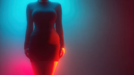 A woman stands confidently in a snug dress, showcasing a belly bulge, amidst colorful lighting that highlights body shape issues.の素材