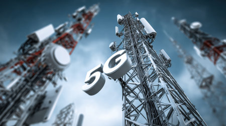 High-tech 5G mobile internet towers transmit broadband signals, enhancing communication networks in urban environments.の素材