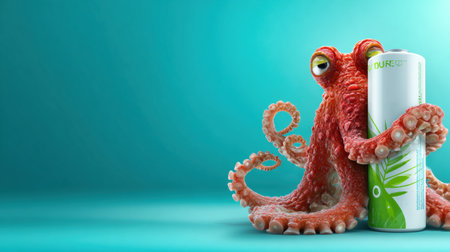 An octopus wraps its tentacles around a sustainable energy battery, promoting eco-friendly practices in a vibrant green-blue setting.の素材