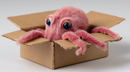 A cute octopus peeks out from a cardboard shipping box in a clean and organized warehouse, symbolizing clever logistics and creativity.の素材