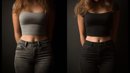 Capturing a moment of weight gain concern, showing the muffin-top effect over fitted jeans, highlighting real-life struggles.の素材