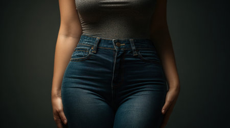 Woman stands wearing tight jeans and a fitted top, showing the muffin-top effect and highlighting the challenges of weight gain.の素材