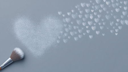A makeup brush creates a soft heart pattern with glitter dust, showcasing a calming and elegant cosmetic branding concept in muted tones.の素材