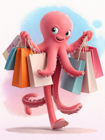 Colorful octopus mascot joyfully holds several shopping bags in a pastel blank space suitable for e-commerce marketing campaigns.の素材