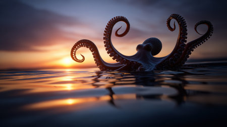 An octopus gracefully swims through the tranquil water as the sun sets, creating a serene atmosphere and beautiful silhouette against the sky.の素材