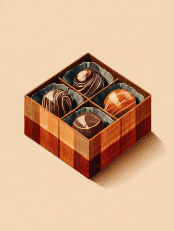 A beautifully crafted box holds an assortment of rich chocolate bonbons in various flavors, showing delightful treats for chocolate lovers.の素材