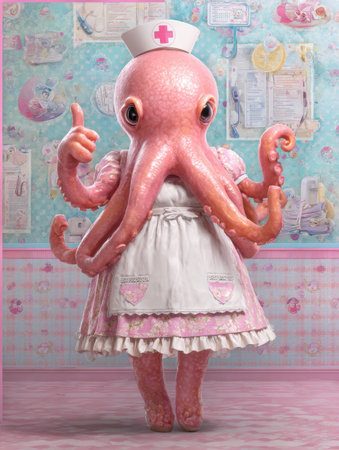 Kawaii octopus dressed in a nurse outfit happily poses with a thumbs up against a pastel medical background filled with cute details.の素材
