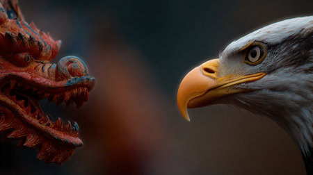 An American bald eagle confronts a Chinese dragon, representing the intensity of us-China trade rivalry in a striking visual encounter.の素材
