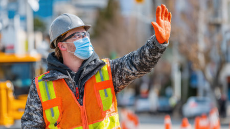 Worker in protective gear signals to stop traffic while overseeing construction work in a busy urban area, ensuring safety for all.の素材