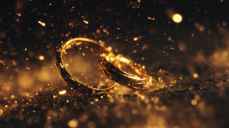 Wedding rings release tiny sparks in a romantic scene, highlighting love and elegance in a striking, empty space perfect for celebrations.の素材