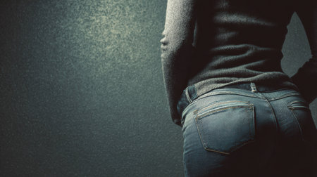 A person stands against a textured wall, showing the muffin-top effect over tight jeans, reflecting everyday weight gain struggles.の素材