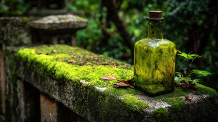 A moss-covered stone holds a green bottle, creating a calm and tranquil scene in a lush garden surrounded by natures beauty.の素材