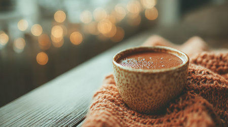 Cup of warm cocoa sits on a knitted cloth, surrounded by a cozy winter ambiance with soft glowing lights in the background.の素材