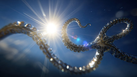 A shiny chrome tentacle twists and shines under radiant sunlight, enhancing an atmosphere of luxury and advanced technology in a large area.の素材