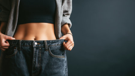 Figure shows someone dealing with muffin-top effect while holding tight jeans, emphasizing a weight gain lifestyle and realistic lighting.の素材
