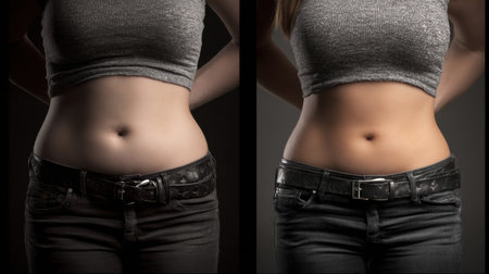A person showing the muffin-top effect over tight jeans, highlighting weight gain and lifestyle challenges with realistic lighting.の素材