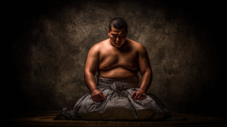 A sumo wrestler sits in the studio with a focused expression, highlighting the discipline and tradition of Japanese wrestling culture.の素材
