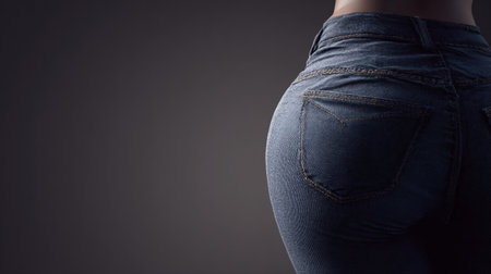 A person shows the muffin-top effect over tight jeans, highlighting the challenges of body image and weight gain in realistic lighting.の素材