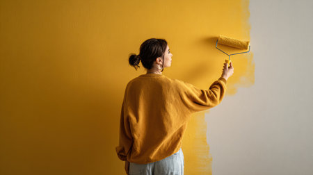 Young woman enjoys painting a vibrant yellow wall in her cozy living space, skillfully using a paint roller for a fresh interior look.の素材