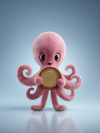 A cute octopus character holds a coin, set against a soft pastel background that evokes a fun finance theme for promotions and events.の素材