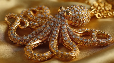 Elegant golden octopus jewelry sparkles on soft velvet fabric, creating a luxurious atmosphere perfect for showcasing fine accessories.の素材