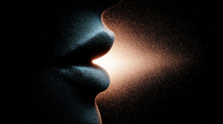 A silhouette of lips emits tiny particles forming a heart shape, glowing softly against a blank panel, showcasing a futuristic look.の素材