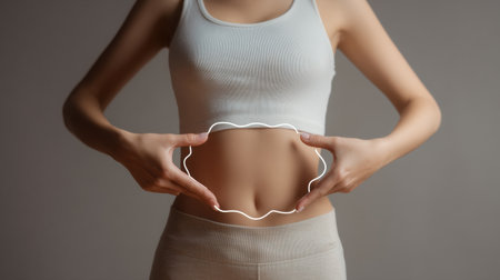 Hands are gently shaping the outline of a belly, representing the idea of weight control in a simple and neutral setting.の素材