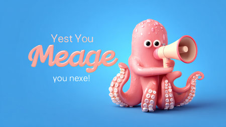 Bright octopus mascot holds a megaphone and an empty banner, ready to announce exciting news at a lively event.の素材