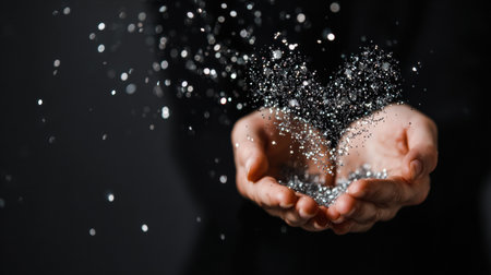 Hands are blowing sparkles into the air, creating a heart shape against a dark backdrop, ideal for luxury branding opportunities.の素材