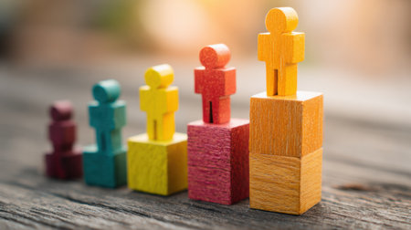 Wooden figures of different heights stand on colorful blocks, illustrating growth, cooperation, and the value of teamwork in a vibrant setting.の素材