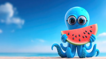 A cute octopus holds a juicy watermelon slice, celebrating a sunny summer day against a vibrant blue sky.の素材