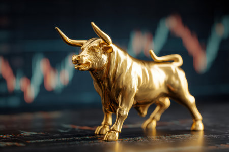 Bull figurine highlights market strength against financial charts, indicating bullish trends and positive investor sentiment in trading activitiesの素材