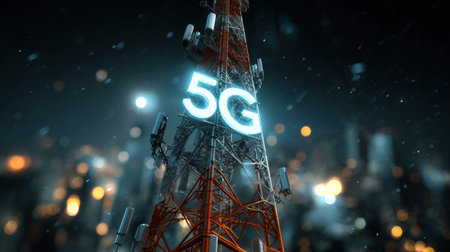 A tall communication tower transmits 5G mobile internet signals in a bustling city at night, illuminated by city lights.の素材