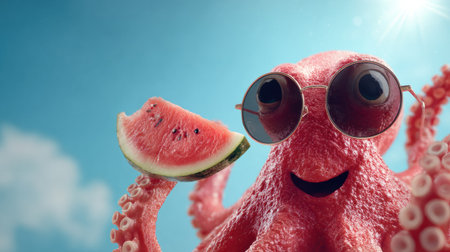 Bright pink octopus mascot wears sunglasses while happily holding a watermelon slice against a clear sunny backdrop.の素材