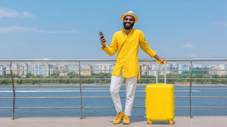 A joyful young Indian man stands near a railing, smiling as he holds a smartphone and a yellow suitcase, surrounded by a vibrant city skyline.の素材
