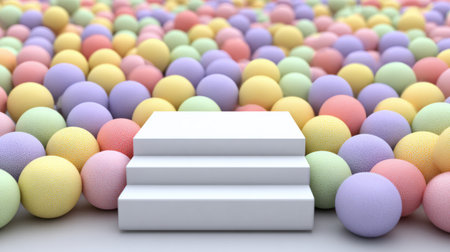 Glossy podium stands alone at the center, surrounded by soft pastel bubble spheres in shades of purple, pink, and yellow, creating a tranquil setting.の素材