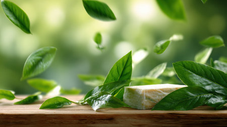 Fresh green leaves create a blurred background while a protein bar is centered on a wooden surface, emphasizing healthy nutrition.の素材